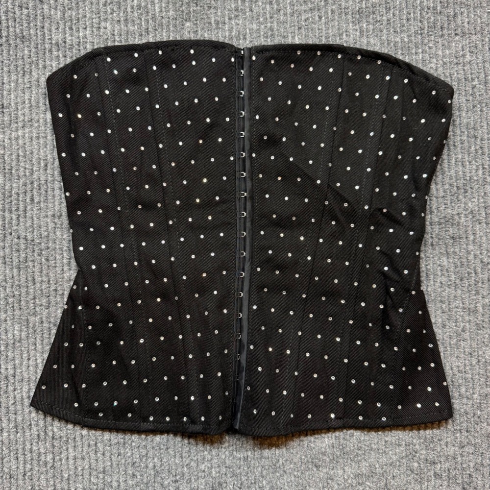 WeWoreWhat Womens 6 Black Rhinestone Studded Denim Strapless Corset Top